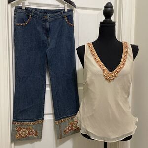 Vintage‎ Cache Beaded Set Jeans Sz 8 Tank L NWT 90s Y2K Glam Denim Festival Rare